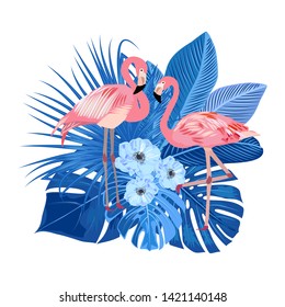 Tropical blue palm leaves, jungle leaves, flamingo, T-Shirt design. Best creative design for poster, flyer, presentation. Vector background.