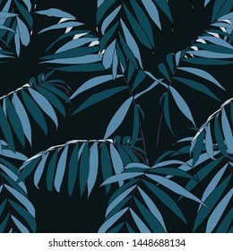 Tropical blue palm leaves, jungle leaves seamless floral pattern, black background.