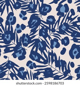 Tropical blue palm leaves silhouette, leopard animal print background. Vector floral illustration. Seamless pattern. Exotic plants. Summer beach design. Paradise nature