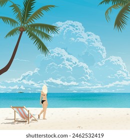 Tropical blue sea with beach, chair and blonde hair girl illustrated . Seascape have blank space.