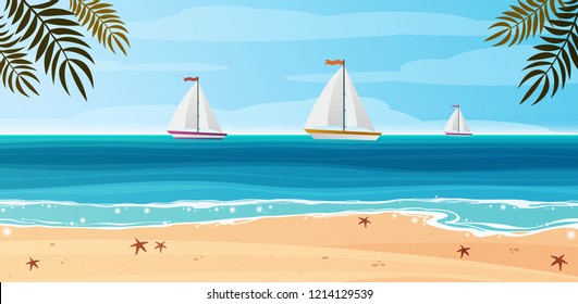 Tropical blue sea and a sand beach vector background. White luxury yacht illustration, sea sailing regatta background.