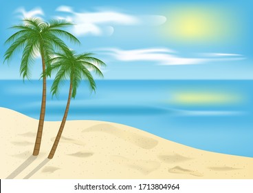 Tropical blue sea and a sand beach with palm. Vector background.