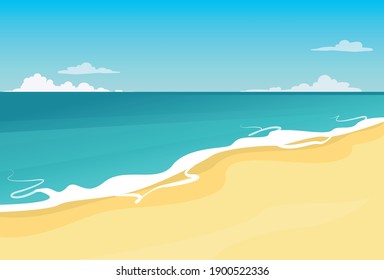 Tropical blue sea, sandy beach and blue sky. Vector illustration.