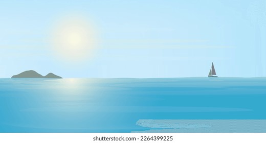 Tropisches blaues Meer in sonniger Zeit haben Yacth und Insel in Skyline-Illustration. Seascape und blauer Himmel flaches Design.