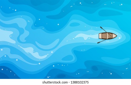 Tropical blue sea top view and a wooden boat vector background.