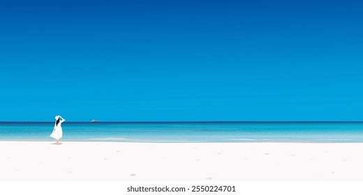 Tropical blue sea with woman standing on white sand beach have blue sky background graphic illustration. Traveling in summer concept have blank space.