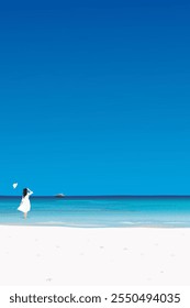Tropical blue sea with woman standing on white sand beach have blue sky vertical background graphic illustration. Traveling in summer concept have blank space.