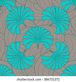 Tropical blue seamless pattern with palm leaves. Vector hand drawn illustration on grey doodle background