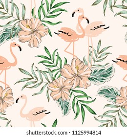 Tropical Blush Pink Flamingo Birds, Hibiscus Flowers Bouquets, Palm Leaves Background. Vector Seamless Pattern. Jungle Illustration. Exotic Plants. Summer Beach Floral Design. Paradise Nature