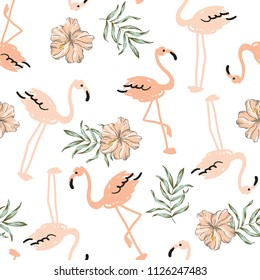 Tropical blush pink flamingo birds, hibiscus flowers, palm leaves white background. Vector seamless pattern. Jungle illustration. Exotic plants. Summer beach floral design. Paradise nature