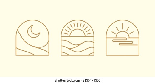 tropical Bohemian line logo art collection, icons and symbols. sun and moon, arch window design geometric abstract design elements for decoration.