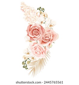 Tropischer Boho, Bohemian Bouquet mit Rosa Rose, Phalaenopsis Orchidee, Hortensien und Palmblättern. Stock Vektorillustration auf einem weißen Hintergrund.