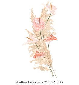 Tropical boho, bohemian bouquet with pink anthurium and reed. Stock vector illustration on a white background.