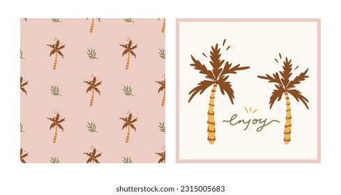 Tropical boho collection. Hand drawn vector beach set. Enjoy typography slogan. Retro seamless pattern with palm tree and palm leaves.