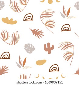 Tropical boho pattern. Botanical earth tone boho foliage line art drawing. Abstract plants, rainbows, dry flowers design