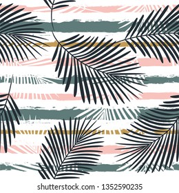 Tropical boho pattern, palm leaves seamless  floral background. Exotic plant on stripes print illustration. Summer beach jungle print. Leaves of palm tree on paint lines. ink brush strokes - Vector