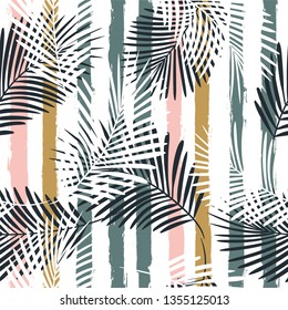 Tropical boho pattern, palm leaves seamless floral background. Exotic plant on stripes print illustration. Summer beach jungle print. Leaves of palm tree on paint lines. ink brush strokes - Vector