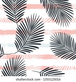 Tropical boho pattern, palm leaves seamless floral background. Exotic plant on stripes print illustration. Summer beach jungle print. Leaves of palm tree on paint lines. ink brush strokes - Vector