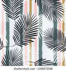 Tropical boho pattern, palm leaves seamless floral background. Exotic plant on stripes print illustration. Summer beach jungle print. Leaves of palm tree on paint lines. ink brush strokes - Vector