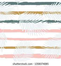 Tropical boho pattern, palm leaves seamless floral background. Exotic plant on stripes print illustration. Summer beach jungle print. Leaves of palm tree on paint lines. ink brush strokes - Vector