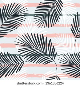 Tropical boho pattern, palm leaves seamless floral background. Exotic plant on stripes print illustration. Summer beach jungle print. Leaves of palm tree on paint lines. ink brush strokes - Vector
