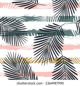 Tropical boho pattern, palm leaves seamless  background. Exotic plant on stripes print illustration. Summer beach jungle print. Leaves of palm tree on paint lines. ink brush strokes - Vector