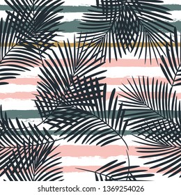 Tropical boho pattern, palm leaves seamless  background. Exotic plant on stripes print illustration. Summer beach jungle print. Leaves of palm tree on paint lines. ink brush strokes - Vector