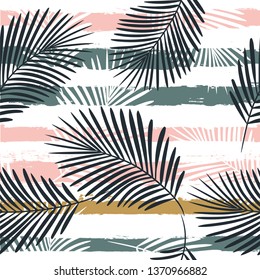 Tropical boho pattern, palm leaves seamless vector floral background. Exotic plant on stripes print illustration. Summer beach jungle print. Leaves of palm tree on paint lines. ink brush strokes