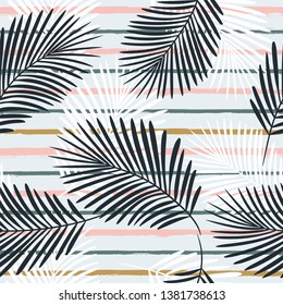 Tropical boho pattern, palm leaves seamless floral background. Exotic plant on stripes print illustration. Summer beach jungle print. Leaves of palm tree on paint lines. ink brush strokes - Vector
