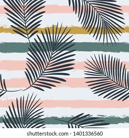 Tropical boho pattern, palm leaves seamless vector floral background. Exotic plant on stripes print illustration. Summer beach jungle print. Leaves of palm tree on paint lines. ink brush strokes