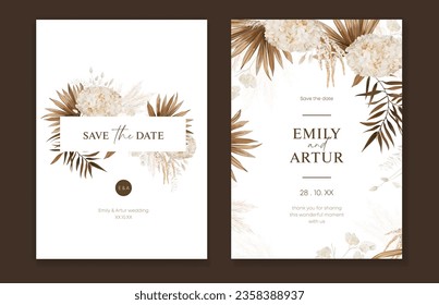 Boho tropical ahorra la fecha, invitación a la boda. Hojas de palma marrón secas, pampas, beige hidrangea, lagurus, marco de ramo de lunaria. Conjunto de plantillas de diseño de tarjetas modificables de color neutro de acuarela bohemio