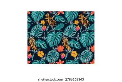 A tropical bold jungle print featuring lush green Monstera foliage and bright floral accents against a deep navy backdrop. Ideal for textiles and summer promotions.