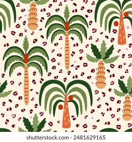 Tropisch gewagte Leopardenhaut, niedliche Palme auf beige nahtlose Muster. Lustige Dschungelpflanzen Hintergrund. Sommerstrand Blumendesign, Vektorgrafik-Print, Kinder-Bildschirmhintergrund, Textil, handgezeichnetes Wildleben.