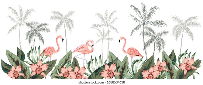 Tropical border with flamingo birds. Palm tree silhouettes, green leaves, pink orchid flowers, white background.   Vector illustration. Floral arrangement. Banner design. Paradise nature