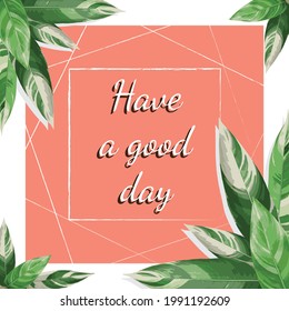 Tropical border frame frame leaves,  place for your text. White background isolated. Wedding invitation or card design. Vector illustration.