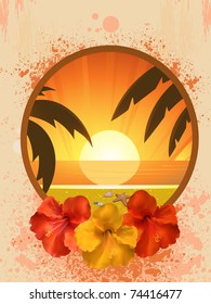 Tropical border and hibiscus flowers on a grunge background