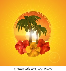 Tropical Border with Hibiscus Flowers and Palm Trees on an Orange star burst Background