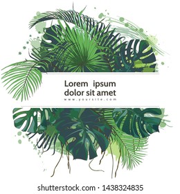 Tropical border leaves foliage plant bush floral arrangement nature backdrop isolated on white background. Vector watercolor illustration