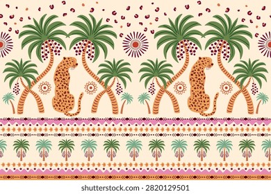 Tropical border with palm tree, leopard, symmetric geometric stripes. Summer seamless pattern. Hand drawn ethnic ornament jungle elements, animal skin spots, sun. Vector background, textile design.