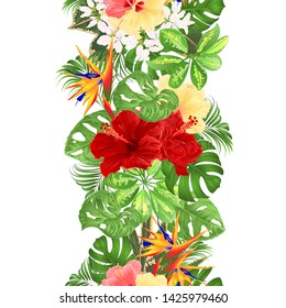 Tropical border seamless background Bouquet with tropical flowers pink and yellow hibiscus and Strelitzia  and Sansevieria palm,philodendron and ficus vintage vector illustration  greeting card