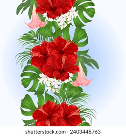 Tropical border seamless background bouquet with tropical flowers  floral arrangement, with beautiful red hibiscus, palm,philodendron and Brugmansia  vintage vector illustration  editable hand draw 