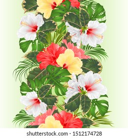 Tropical border seamless background  with tropical flowers Hawaiian style floral arrangement, with beautiful white pink and yellow hibiscus, palm,philodendron and ficus vintage vector illustration 