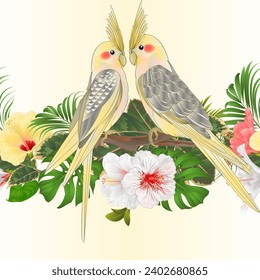 tropischer, nahtloser Hintergrund Gelber cockatiel-tropischer Vogel   Papagei-Aquarell mit tropischen Blumen, weißer Rosa und gelber Hibiskus, Palm, Philodendron und fikus vintage Vektorgrafik 