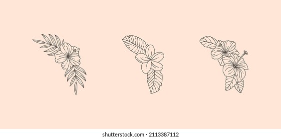 Tropical Borders with Hibiscus and Frangipani Flowers. Vector Frame in Minimal Linear Style. Floral Corners Copy Space for letter or text.