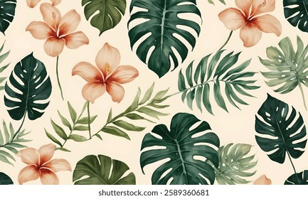 Tropical botabical Monstera and palm leaves blend seamlessly into an artistic watercolor composition