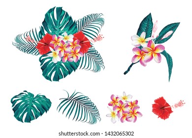 Tropical botanical bouqet floral with Frangipan, Hibiscas flowers and monstara,palm leaves for pattern summer design