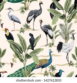 Tropical botanical crane, black parrot, toucan, peacock, heron bird floral green banana tree, plant seamless pattern light  background. Exotic jungle wallpaper.