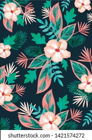 tropical botanical flower pattern with hibiscus and palmleaves, monstera on a dark blue background