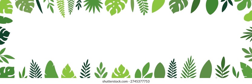 Tropical botanical frame with assorted green leaves. Monstera and palm foliage for invitations, posters, and designs