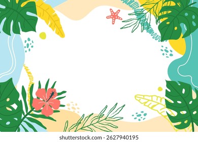 Tropical botanical frame with colorful foliage and flowers. Summer bright horizontal banner. Perfect for greeting cards, wedding invitations, social media or summer themed templates.